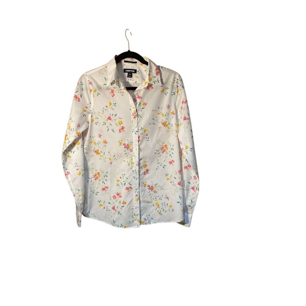 Lands’ End women’s button up white floral no iron cotton blouse size 6 tall